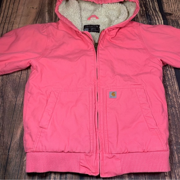 Carhartt Canvas Hooded Jacket Toddler Size S 7/8 Pink Sherpa Lined OJ9566-G - Picture 5 of 14